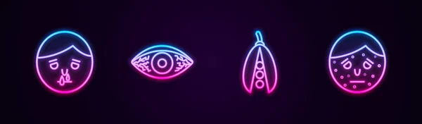 Set line Runny nose, Reddish eye allergic conjunctivitis, Kidney beans and Face with psoriasis or eczema. Glowing neon icon. Vector — Stock vektor