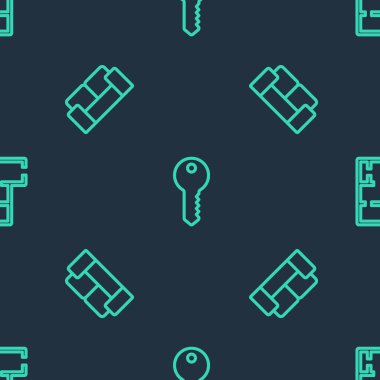 Set line House key, Sofa and plan on seamless pattern. Vector
