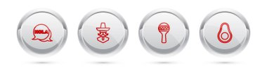 Set line Hola, Mexican man sombrero, Maracas and Avocado fruit. Silver circle button. Vector