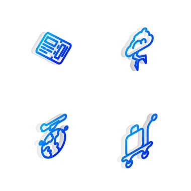 Set Isometric line Storm, Airline ticket, Globe with flying plane and Trolley baggage icon. Vector