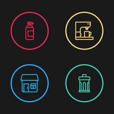 Set line House, Trash can, Coffee machine and Antibacterial soap icon. Vector
