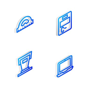 Set Isometric line Exam paper with incorrect answers, Protractor grid, Stage stand and Laptop icon. Vector