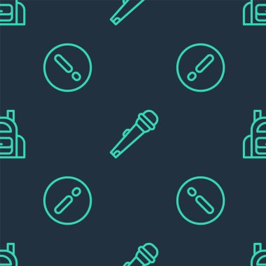 Set line Microphone, Speech bubble and Exclamation and School backpack on seamless pattern. Vector