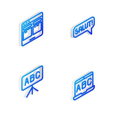 Set Isometric line Salut in different languages, Online translator, Chalkboard and Foreign online study icon. Vector