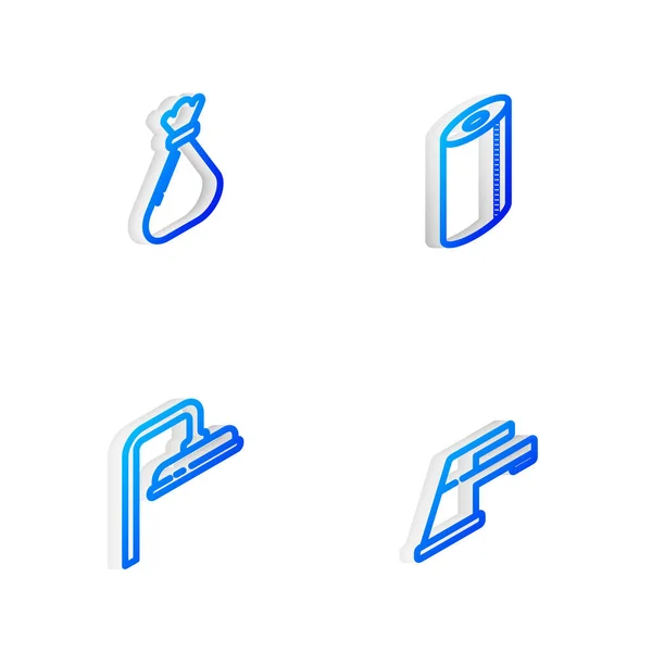 Set Isometric line Paper towel roll, Garbage bag, Shower head and Water tap icon. Vector — Image vectorielle