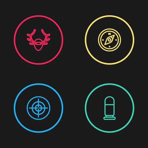 Set line Target sport, Bullet, Compass and Deer antlers on shield icon. Vector — стоковый вектор