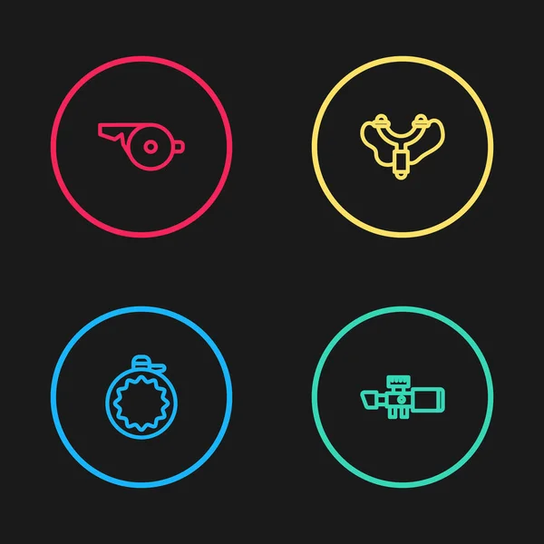 Set line Canteen water bottle, Sniper optical sight, Slingshot and Whistle icon. Vector — 图库矢量图片
