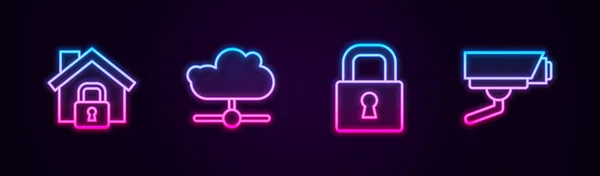 Set line House under protection, Network cloud connection, Lock and Security camera. Glowing neon icon. Vector — Archivo Imágenes Vectoriales