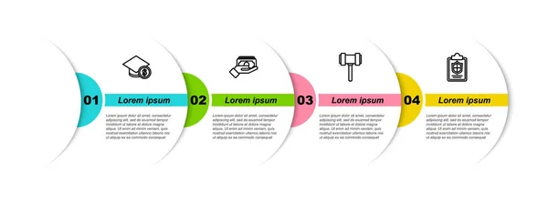 Set line Graduation cap and coin, Stacks paper money cash, Judge gavel and Document with shield. Business infographic template. Vector — Vetor de Stock