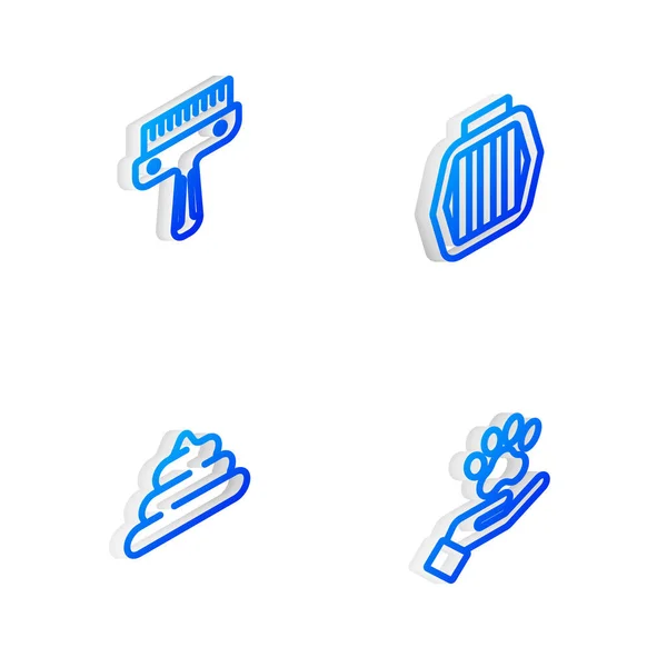 Set Isometric line Pet carry case, Hair brush for dog and cat, Shit and Hands with animals footprint icon. Vector — Διανυσματικό Αρχείο