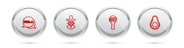 Set line Hola, Mexican man sombrero, Maracas and Avocado fruit. Silver circle button. Vector — Διανυσματικό Αρχείο