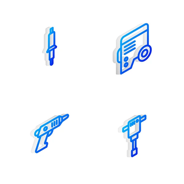 Isometric line power generator, Soldering iron, Electric cordless scwdriver, Construction jackhammer 아이콘을 설정 합니다. Vector — 스톡 벡터