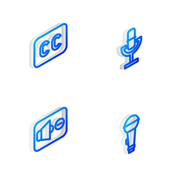 Set Isometric line Microphone, Subtitles, Speaker mute and icon. Vector — стоковый вектор