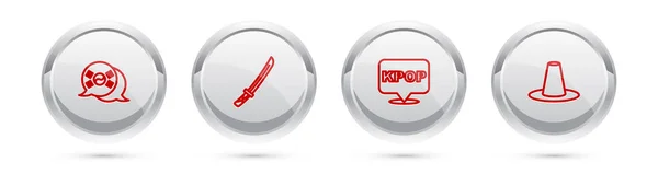 Set line South Korea flag, Katana, K-pop and Korean hat. Silver circle button. Vector — Wektor stockowy