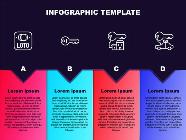 Set line Lottery ticket, Old key, Winning house with and Car gift. Business infographic template. Vector — Stockvektor
