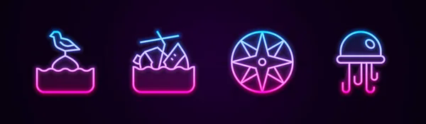 Set line Seagull sits on a buoy, Sinking cruise ship, Wind rose and Jellyfish. Glowing neon icon. Vector — Vetor de Stock