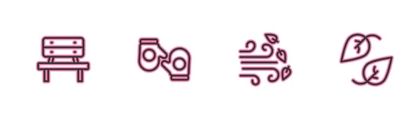 Set line Bench, Windy weather, Christmas mitten and Leaf icon. Vector — 스톡 벡터