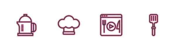 Set line French press, Cooking live streaming, Chef hat and Barbecue spatula icon. Vector — 图库矢量图片