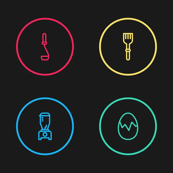Set line Blender, Broken egg, Fork and Kitchen ladle icon. Vector — Stockový vektor