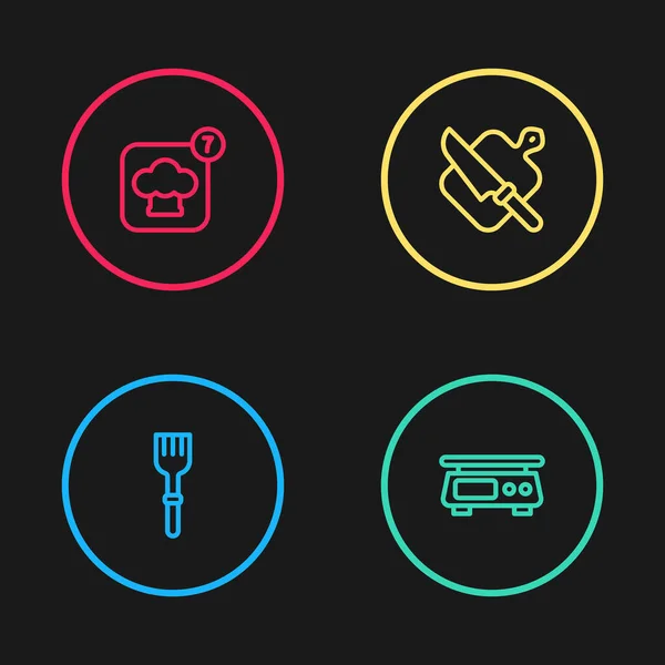 Set line Fork, Electronic scales, Cutting board and knife and Chef hat icon. Vector — стоковый вектор