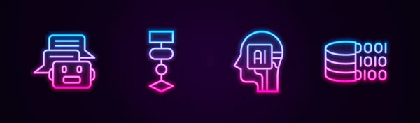 Set line Chat bot, Algorithm, Humanoid robot and Binary code. Glowing neon icon. Vector — Vetor de Stock