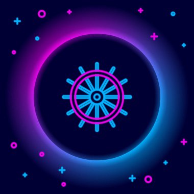 Parlayan neon hattı direksiyon simgesi siyah arkaplanda izole edildi. Renkli taslak konsepti. Vektör