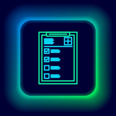 Siyah arka planda izole edilmiş klinik rekor simgesi olan parlak neon çizgisi tıbbi pano. Sağlık sigortası formu. Reçete, tıbbi kontrol işaretleri raporu. Renkli taslak konsepti. Vektör