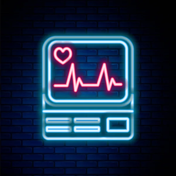 Glowing neon line Computer monitor with cardiogram icon isolated on brick wall background. Monitoring icon. ECG monitor with heart beat hand drawn. Colorful outline concept. Vector — Stock Vector