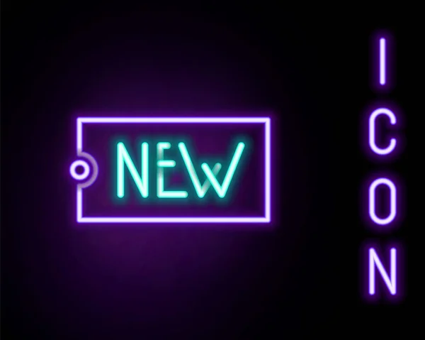Linea neon incandescente Targhetta con un'iscrizione Nuova icona isolata su sfondo nero. Badge per il prezzo. Promozionale tag sconto. Concetto di contorno colorato. Vettore — Vettoriale Stock