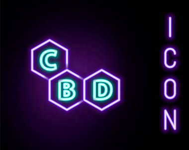Parlayan neon hattı Kenevir molekül ikonu siyah arkaplanda izole edildi. Cannabidiol moleküler yapıları, THC ve CBD formülü. Marihuana işareti. Renkli taslak konsepti. Vektör