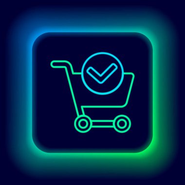 Siyah arkaplanda işaret simgesi olan parlak neon çizgili alışveriş arabası. Süpermarket sepeti onaylandı, onaylandı, tik takıldı, tamamlandı. Renkli taslak konsepti. Vektör