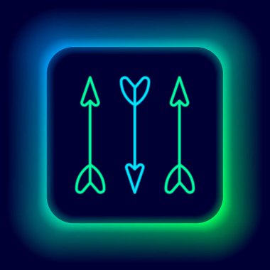 Parlayan neon hattı Hipster ok simgesi siyah arkaplanda izole edildi. Renkli taslak konsepti. Vektör