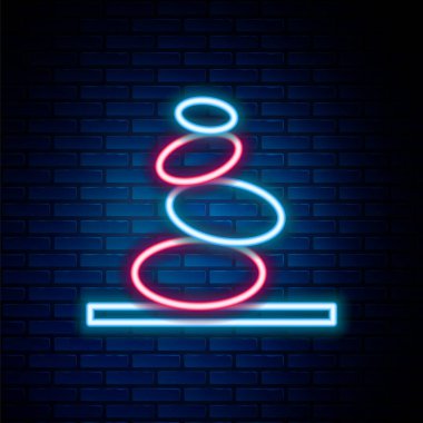 Parlayan neon hattı, tuğla duvar arka planında izole edilmiş Stack sıcak taş ikonu. Spa salonu aksesuarı. Renkli taslak konsepti. Vektör
