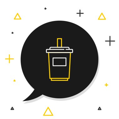 Beyaz zemin üzerinde saman ve su ikonu olan çizgi kağıt bardak. Soda bardağı. Taze soğuk içecek sembolü. Renkli taslak konsepti. Vektör