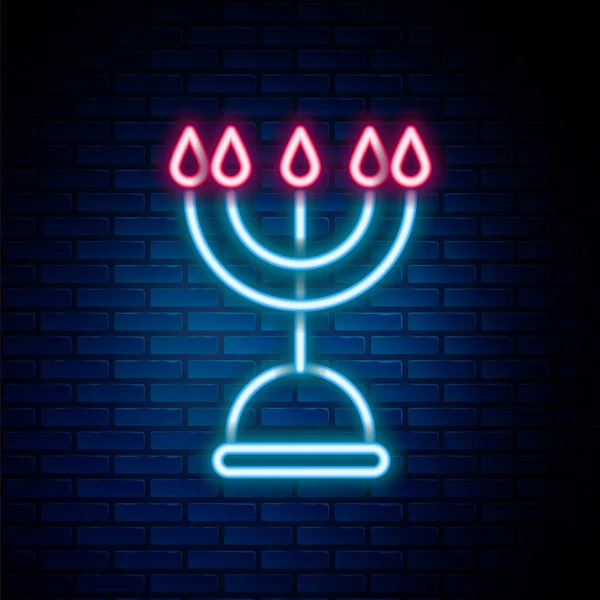 Glowing neon line Hanukkah menorah icon isolated on brick wall background. Hanukkah traditional symbol. Holiday religion, jewish festival of Lights. Colorful outline concept. Vector — Vector de stock