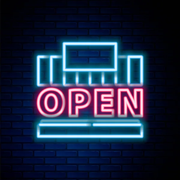 Glowing neon line Shopping building or market store and text open icon isolated on brick wall background. Shop construction. Colorful outline concept. Vector —  Vetores de Stock