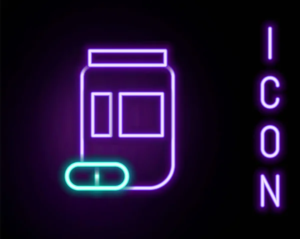 Žhnoucí neonové linie Lék láhev a pilulky ikona izolované na černém pozadí. Značka lahvičky. Návrh lékáren. Barevný koncept. Vektor — Stockový vektor