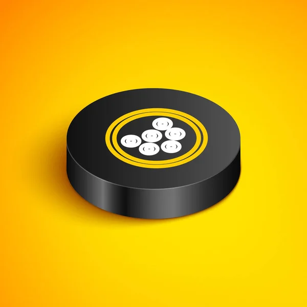 Isometric line Caviar on a plate icon isolated on yellow background. Black circle button. Vector — Stock Vector