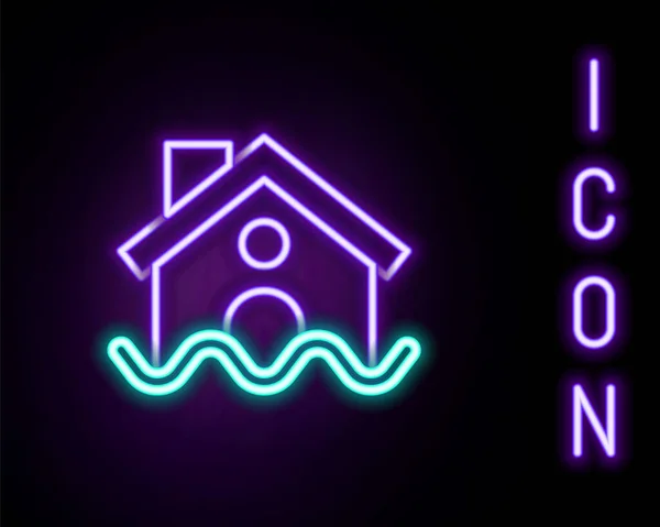 Zářící neonová čára Dům povodeň ikona izolované na černém pozadí. Záplavy pod vodou. Pojištění. Zabezpečení, bezpečnost, ochrana, koncepce ochrany. Barevný koncept. Vektor — Stockový vektor