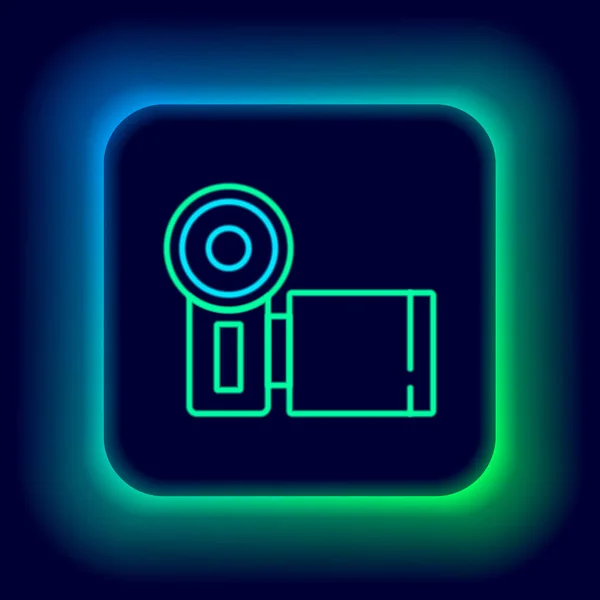 Glödande neon line Cinema kamera ikon isolerad på svart bakgrund. Videokamera. Filmtecken. Filmprojektor. Färgstarkt skisskoncept. Vektor — Stock vektor