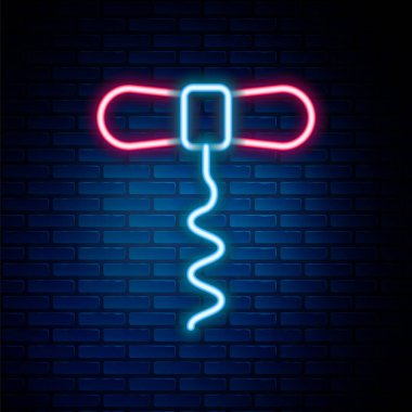 Parlak neon hattı şarap tirbuşon simgesi tuğla duvar arka planında izole edilmiş. Renkli taslak konsepti. Vektör