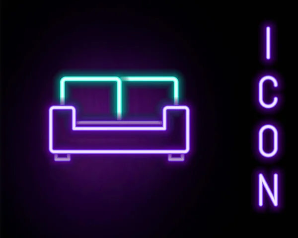 Leuchtende Leuchtschrift Sofa-Symbol isoliert auf schwarzem Hintergrund. Buntes Rahmenkonzept. Vektor — Stockvektor