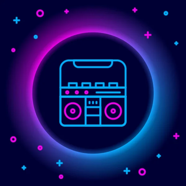 Línea de neón brillante Estéreo casero con dos altavoces icono aislado sobre fondo negro. Sistema de música. Concepto de esquema colorido. Vector — Vector de stock