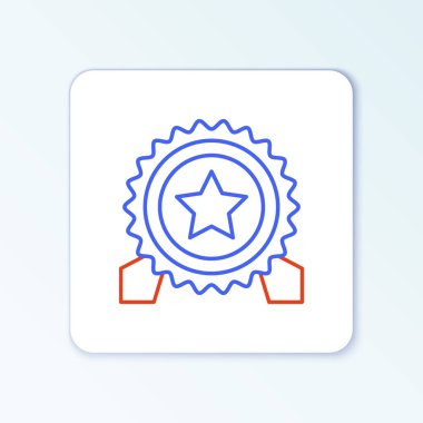 Beyaz arkaplanda yıldız simgesi olan çizgi madalyası. Kazanan başarı işareti. Ödül madalyası. Renkli taslak konsepti. Vektör