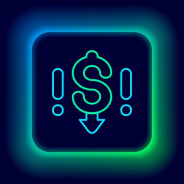Parlayan neon hattı dolar oranı siyah arkaplanda izole edilmiş simgeyi azaltır. Maliyet düşüşü. Aşağı ok ile para sembolü. İş kaybı kriz azalıyor. Renkli taslak konsepti. Vektör