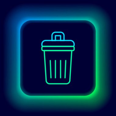 Parlayan neon hattı Çöp kutusu simgesi siyah arkaplanda izole edildi. Çöp kutusu tabelası. Sepet simgesini geri dönüştür. Ofis çöpü ikonu. Renkli taslak konsepti. Vektör