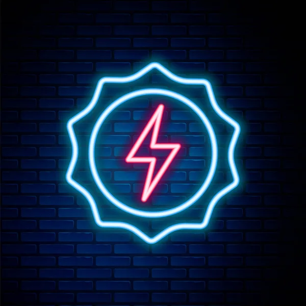Świecące neon linii Lightning bolt ikona izolowana na tle cegły ściany. Flashowy. Ładuj ikonę flash. Piorun. Strajk świetlny. Kolorowy koncept. Wektor — Wektor stockowy