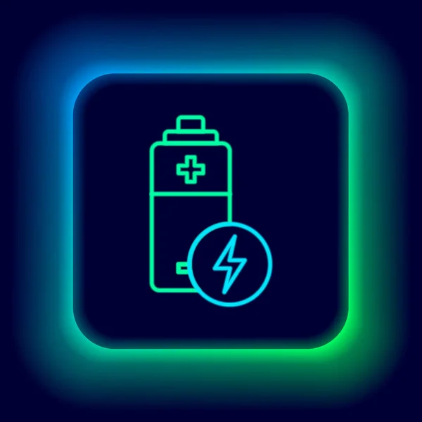 Glowing neon line Battery icon isolated on black background. Lightning bolt symbol. Colorful outline concept. Vector — Stock Vector