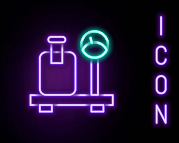 Leuchtende Leuchtreklame mit Koffersymbol auf schwarzem Hintergrund. Logistik und Lieferung. Gewicht der Lieferung Paket auf einer Waage. Buntes Rahmenkonzept. Vektor — Stockvektor