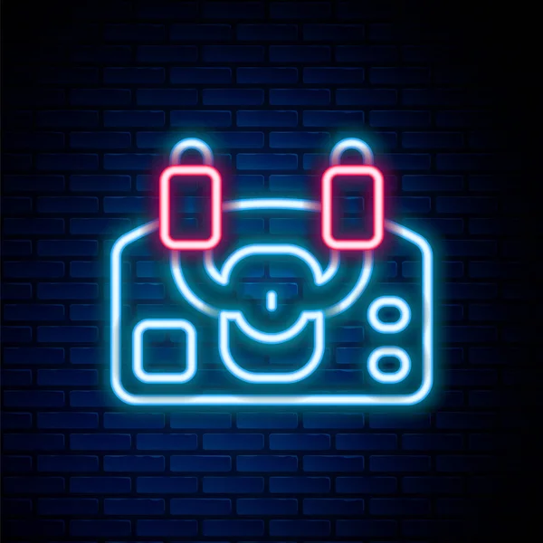 Glowing neon line Aircraft steering helm icon isolated on brick wall background. Aircraft control wheel. Colorful outline concept. Vector — Image vectorielle